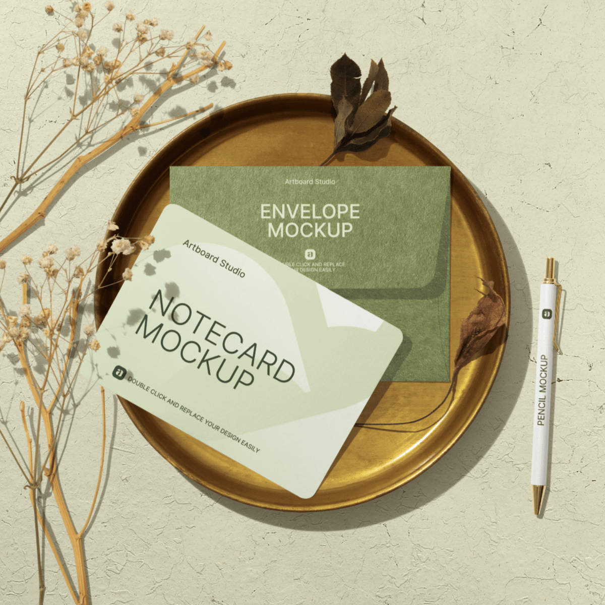Mockups and design templates tagged with: Note Card And Envelope In Tray Mockup Scene