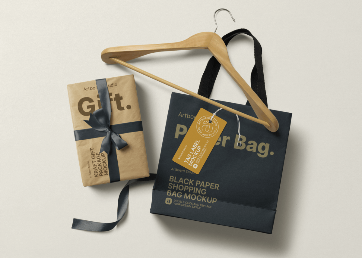 This mockup bundle includes a total of 18 packaging mockups that can use for tea packaging and branding designs. Shopping Bag With Kraft Gift Packaging Mockup Template