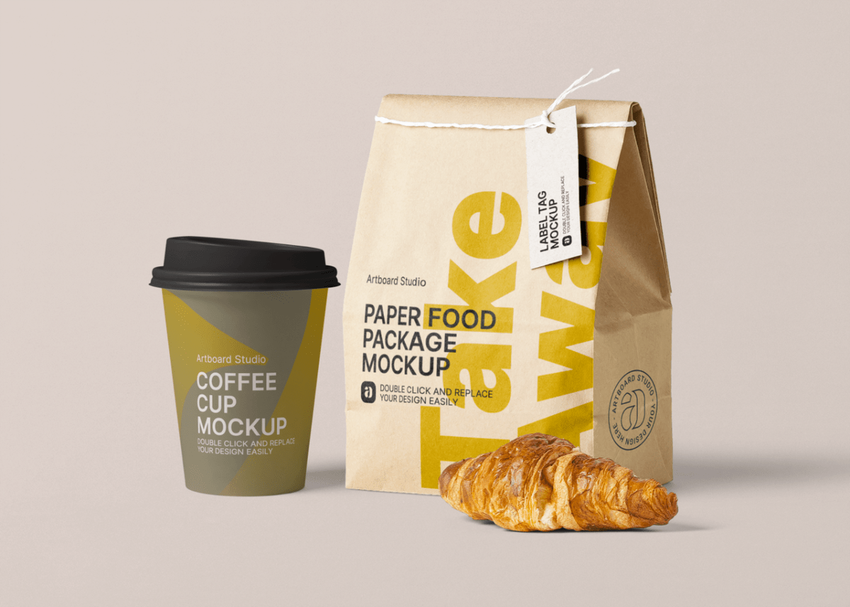 Our new food tray packaging mockup is presented at three angles for your . Take Away Cafe Package Mockup Scene